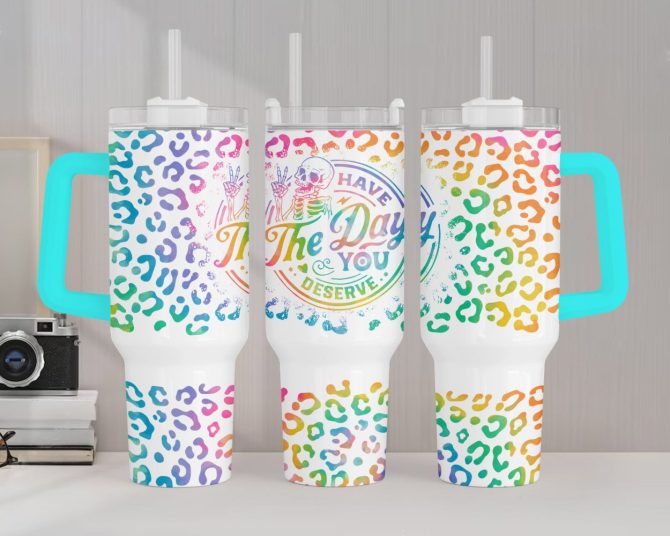 Funny Skeleton Leopard Print Custom Stanley Quencher 40Oz Stainless Steel Tumbler With Handle
