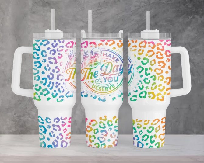 Funny Skeleton Leopard Print Custom Stanley Quencher 40Oz Stainless Steel Tumbler With Handle - Image 2