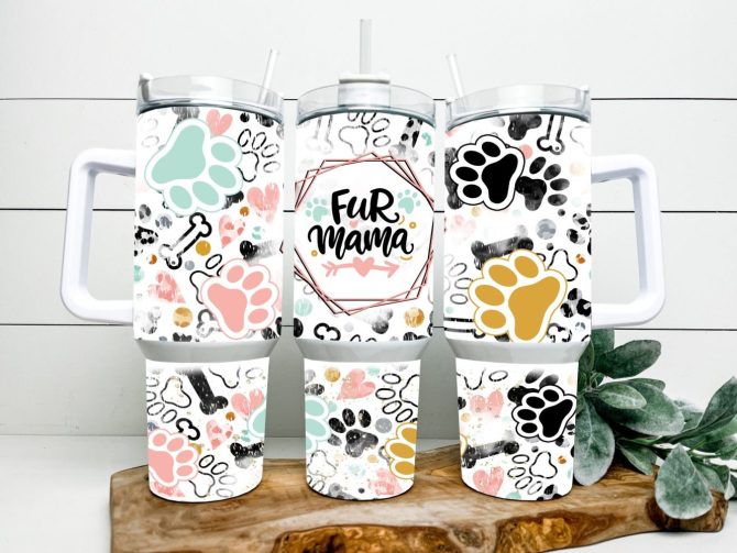 Fur Mama Colorful Pawprints Custom Stanley Quencher 40Oz Stainless Steel Tumbler With Handle