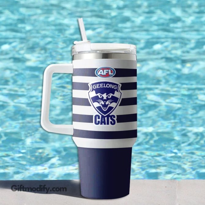 Geelong Cats Afl Custom Stanley Quencher 40Oz Stainless Steel Tumbler With Handle - Image 3