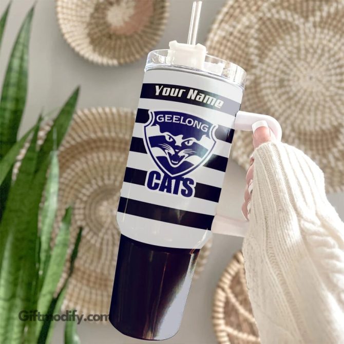 Geelong Cats Afl Custom Stanley Quencher 40Oz Stainless Steel Tumbler With Handle