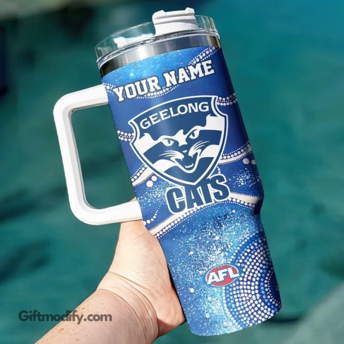 Geelong Cats Afl Glitter Custom Stanley Quencher 40Oz Stainless Steel Tumbler With Handle