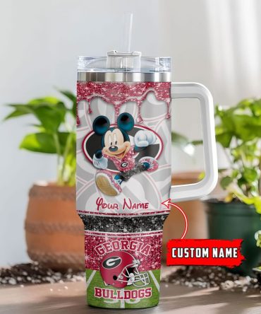 Georgia Bulldogs Ncaa Mickey Mouse Glitter Custom Stanley Quencher 40Oz Stainless Steel Tumbler With Handle