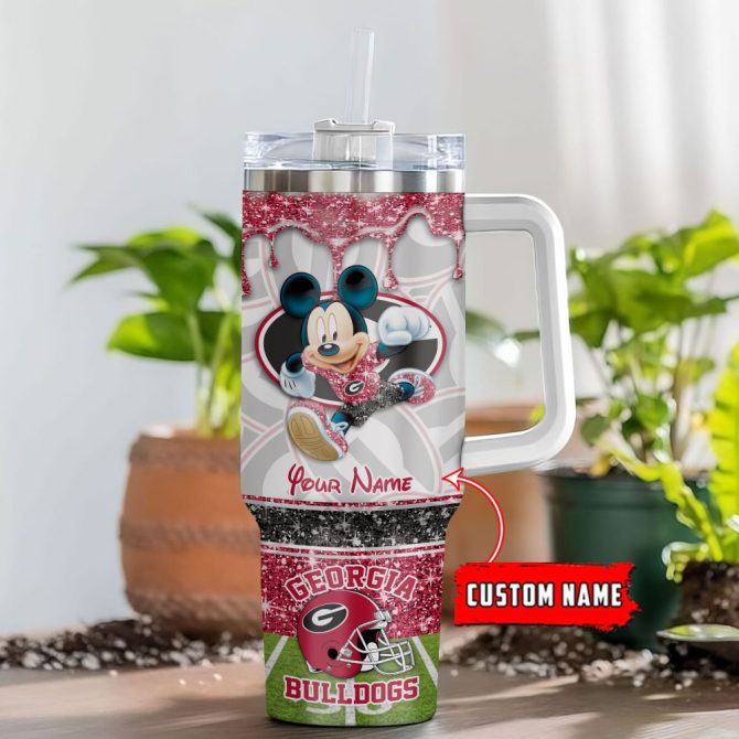 Georgia Bulldogs Ncaa Mickey Mouse Glitter Custom Stanley Quencher 40Oz Stainless Steel Tumbler With Handle
