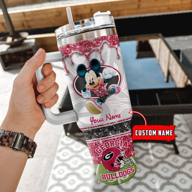 Georgia Bulldogs Ncaa Mickey Mouse Glitter Custom Stanley Quencher 40Oz Stainless Steel Tumbler With Handle - Image 2