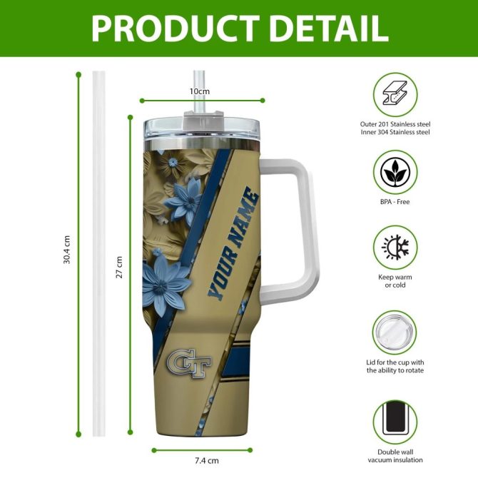 Georgia Tech Yellow Jackets Ncaa Custom Stanley Quencher 40Oz Stainless Steel Tumbler With Handle - Image 2