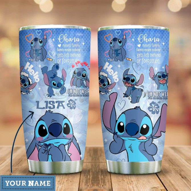 Custom Stitch Tumbler - Personalized Ohana Quote Travel Mug - Cute Cartoon Design - Gift For Fans