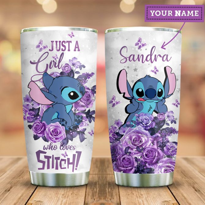 Personalized Girl'S Stitch Tumbler – Custom Name Floral Design Gift For Stitch Fans