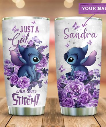 Personalized 'Just A Girl Who Loves Stitch' Tumbler - Custom Name, Purple Floral Design, 20Oz Stainless Steel Cup