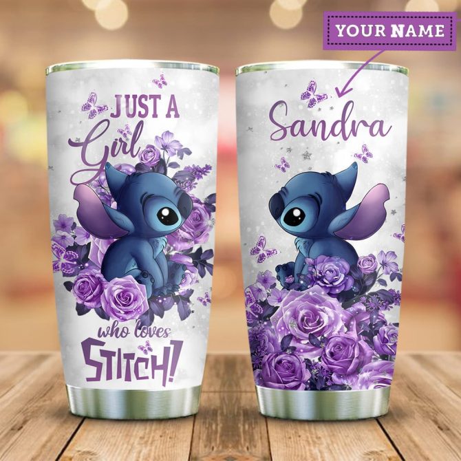 Personalized 'Just A Girl Who Loves Stitch' Tumbler - Custom Name, Purple Floral Design, 20Oz Stainless Steel Cup
