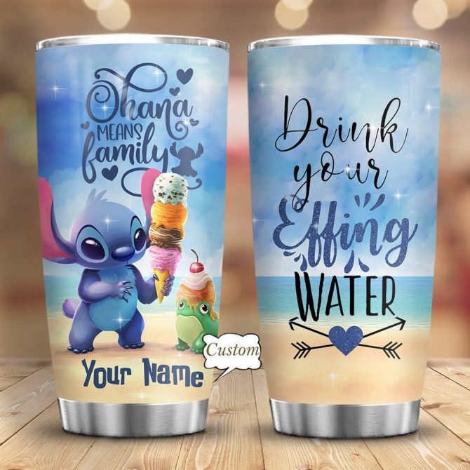 Custom Tumbler With Cute Character Design - Ohana Means Family & Drink Your Effing Water - Personalized Gift - 20Oz Stainless Steel