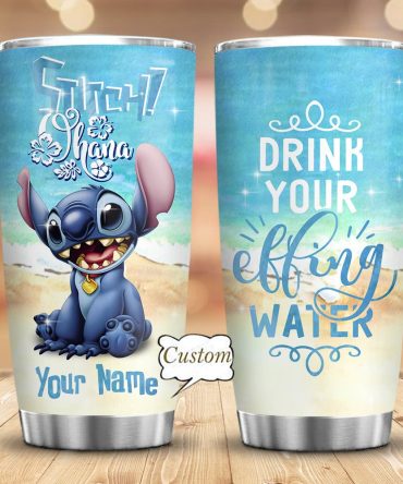 Custom Stitch Tumbler - Personalized Drink Your Effing Water Design, Beach Theme, Stainless Steel Insulated Cup, Gift For Fans