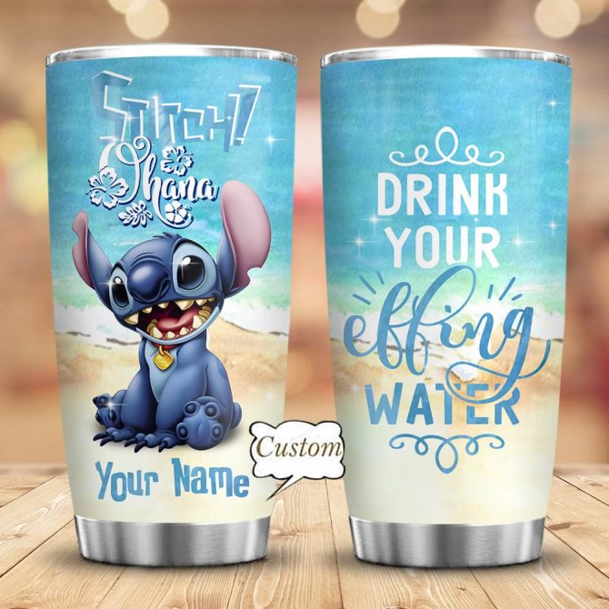 Custom Stitch Tumbler - Personalized Drink Your Effing Water Design, Beach Theme, Stainless Steel Insulated Cup, Gift For Fans