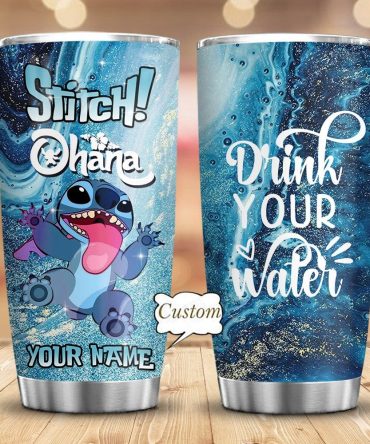 Custom Stitch Tumbler - Ohana Design, Personalized Name, Insulated, 20Oz Stainless Steel, Disney Fan Gift, Drink Your Water, Blue Marble