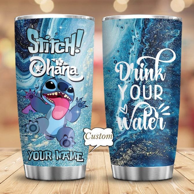 Custom Stitch Tumbler - Ohana Design, Personalized Name, Insulated, 20Oz Stainless Steel, Disney Fan Gift, Drink Your Water, Blue Marble