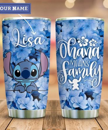 Personalized Stitch Tumbler - Ohana Means Family Floral Design, Custom Name Gift, 20Oz Stainless Steel Cup