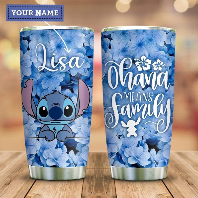 Personalized Stitch Tumbler - Ohana Means Family Floral Design, Custom Name Gift, 20Oz Stainless Steel Cup
