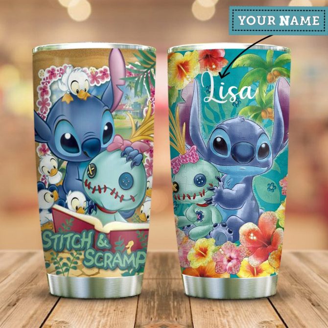 Personalized Stitch & Scrump Tumbler - Custom Name, Floral Design, Insulated Drinkware, Gift For Fans