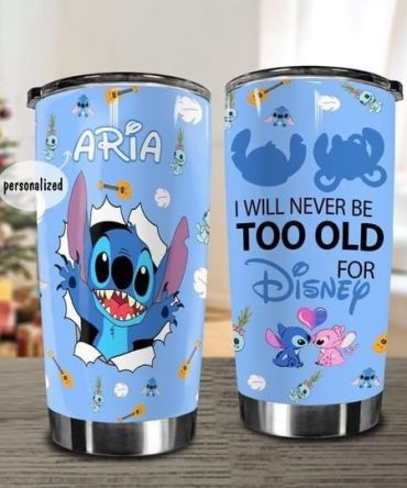 Personalized Disney Stitch Tumbler - Never Too Old For Disney - Custom Name - Fun Cartoon Design Coffee Mug - Gift For Disney Fans