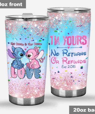 20Oz Personalized Love Tumbler - Cute Blue & Pink Characters, Glitter Design, Couples Gift, Custom Names, Valentine'S Day, Anniversary Present
