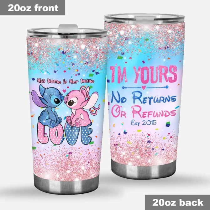 20Oz Personalized Love Tumbler - Cute Blue & Pink Characters, Glitter Design, Couples Gift, Custom Names, Valentine'S Day, Anniversary Present
