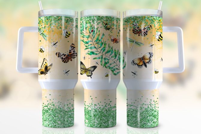 Glitter Butterfly Custom Stanley Quencher 40Oz Stainless Steel Tumbler With Handle