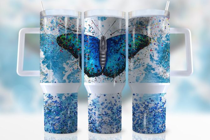 Glitter Butterfly Custom Stanley Quencher 40Oz Stainless Steel Tumbler With Handle