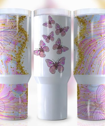 Glitter Butterfly Custom Stanley Quencher 40Oz Stainless Steel Tumbler With Handle