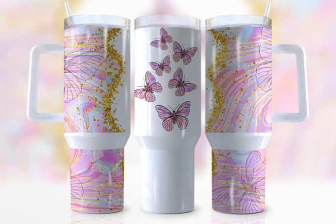 Glitter Butterfly Custom Stanley Quencher 40Oz Stainless Steel Tumbler With Handle