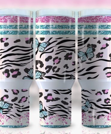 Glitter Butterfly Custom Stanley Quencher 40Oz Stainless Steel Tumbler With Handle