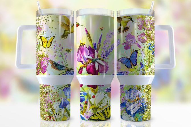 Glitter Butterfly Dragonfly Hummingbird Custom Stanley Quencher 40Oz Stainless Steel Tumbler With Handle