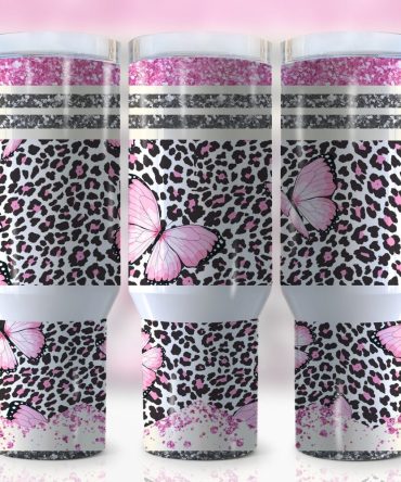 Glitter Butterfly Leopard Print Custom Stanley Quencher 40Oz Stainless Steel Tumbler With Handle