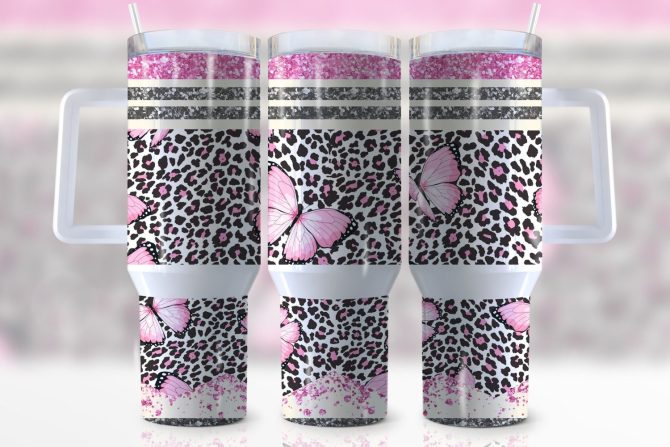 Glitter Butterfly Leopard Print Custom Stanley Quencher 40Oz Stainless Steel Tumbler With Handle