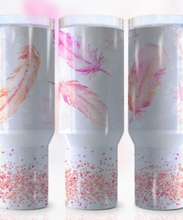 Glitter Feather Custom Stanley Quencher 40Oz Stainless Steel Tumbler With Handle