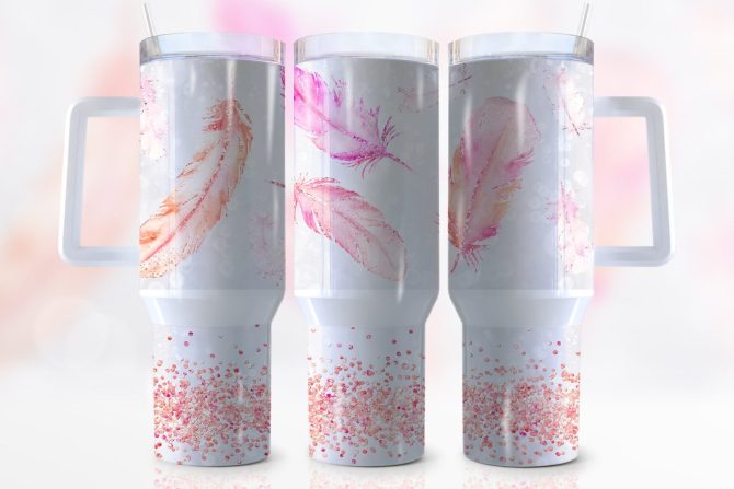 Glitter Feather Custom Stanley Quencher 40Oz Stainless Steel Tumbler With Handle