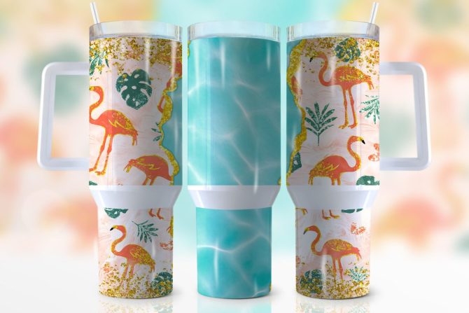 Glitter Flamingo Custom Stanley Quencher 40Oz Stainless Steel Tumbler With Handle