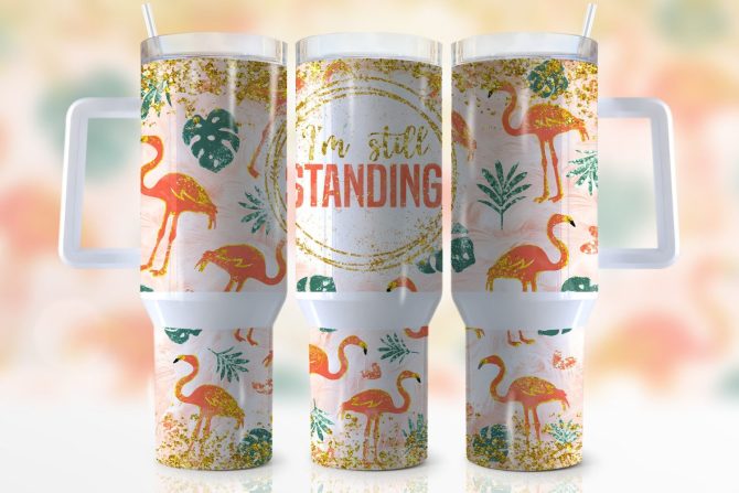 Glitter Flamingo Custom Stanley Quencher 40Oz Stainless Steel Tumbler With Handle