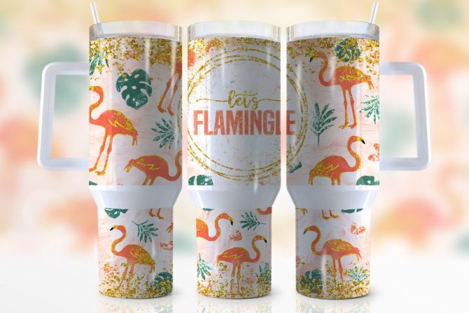 Glitter Flamingo Custom Stanley Quencher 40Oz Stainless Steel Tumbler With Handle