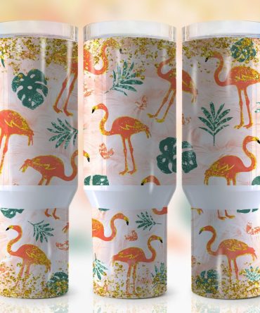 Glitter Flamingo Custom Stanley Quencher 40Oz Stainless Steel Tumbler With Handle