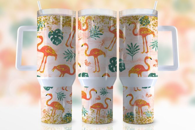 Glitter Flamingo Custom Stanley Quencher 40Oz Stainless Steel Tumbler With Handle