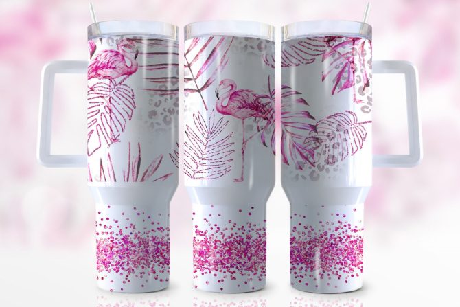 Glitter Flamingo Custom Stanley Quencher 40Oz Stainless Steel Tumbler With Handle