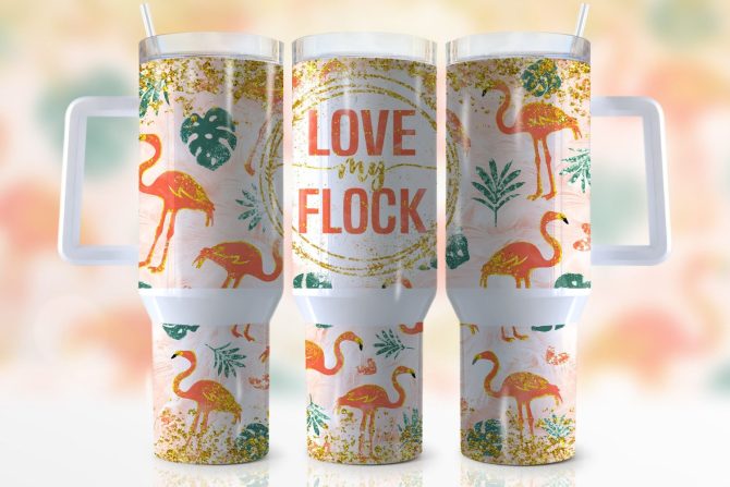 Glitter Flamingo Custom Stanley Quencher 40Oz Stainless Steel Tumbler With Handle