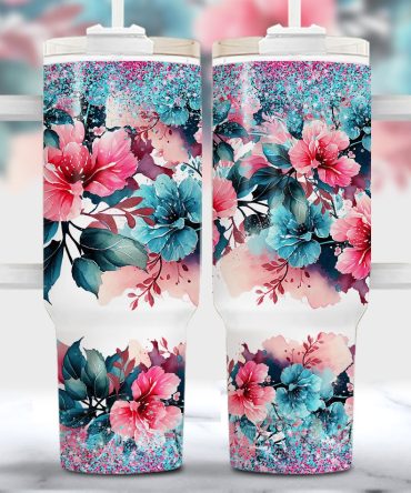 Glitter Floral Custom Stanley Quencher 40Oz Stainless Steel Tumbler With Handle