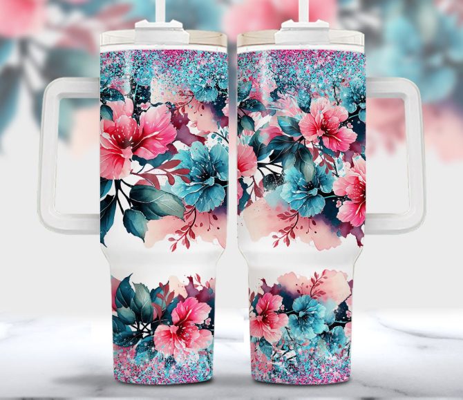 Glitter Floral Custom Stanley Quencher 40Oz Stainless Steel Tumbler With Handle