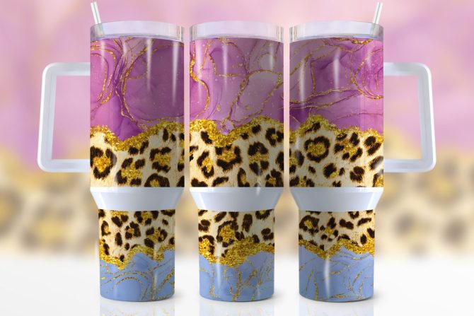 Glitter Leopard Print Custom Stanley Quencher 40Oz Stainless Steel Tumbler With Handle