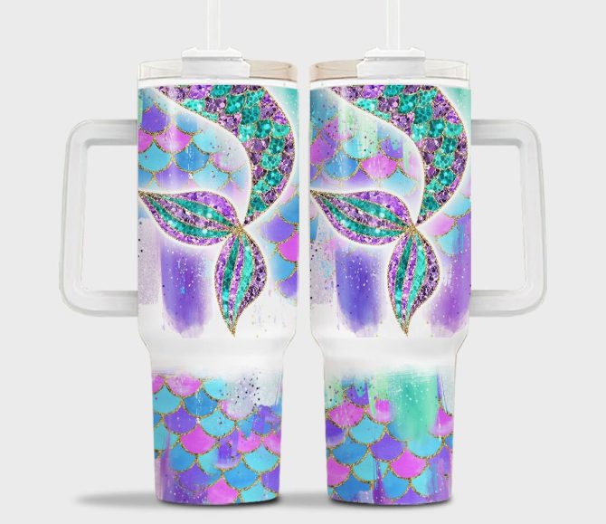 Glitter Mermaid Tail Custom Stanley Quencher 40Oz Stainless Steel Tumbler With Handle - Image 2