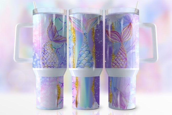 Glitter Mermaid Tail Custom Stanley Quencher 40Oz Stainless Steel Tumbler With Handle