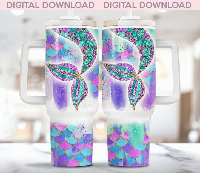 Glitter Mermaid Tail Custom Stanley Quencher 40Oz Stainless Steel Tumbler With Handle