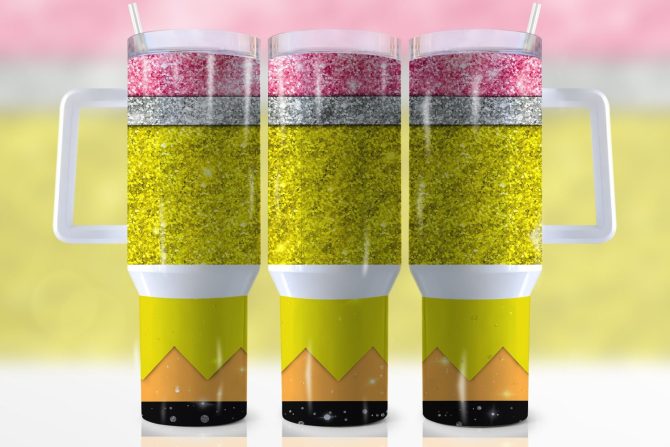 Glitter Pencil Back To School Custom Stanley Quencher 40Oz Stainless Steel Tumbler With Handle