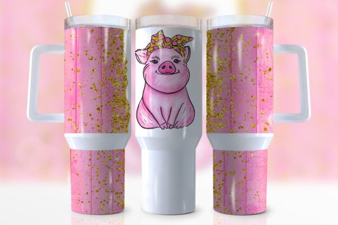 Glitter Pig Custom Stanley Quencher 40Oz Stainless Steel Tumbler With Handle